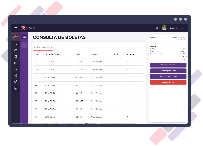 Gestión de boletas en software para restarauntes y deliverys, Midelivery