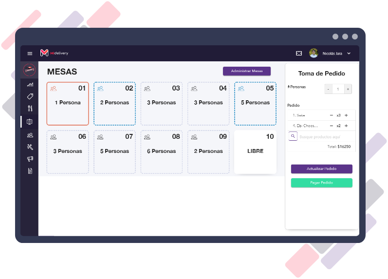 Gestión de mesas, en software para restarauntes y deliverys, Midelivery