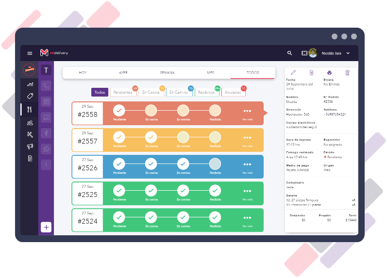 Gestión de pedidos y ordenes en software para restarauntes y deliverys, Midelivery